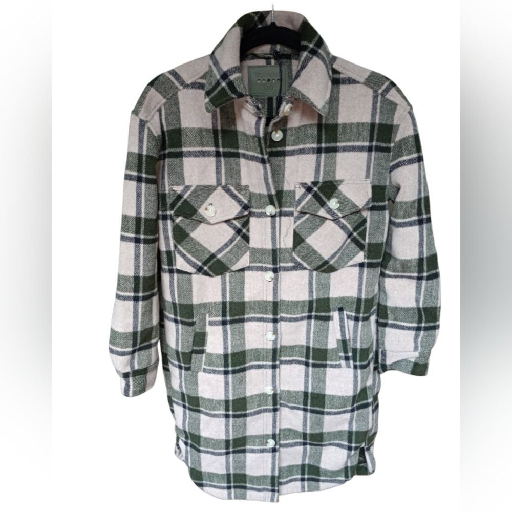 NWT Blank NYC Plaid Green Cream Button Front Wool Bland Shacket Long Jacket XS - Picture 2 of 9